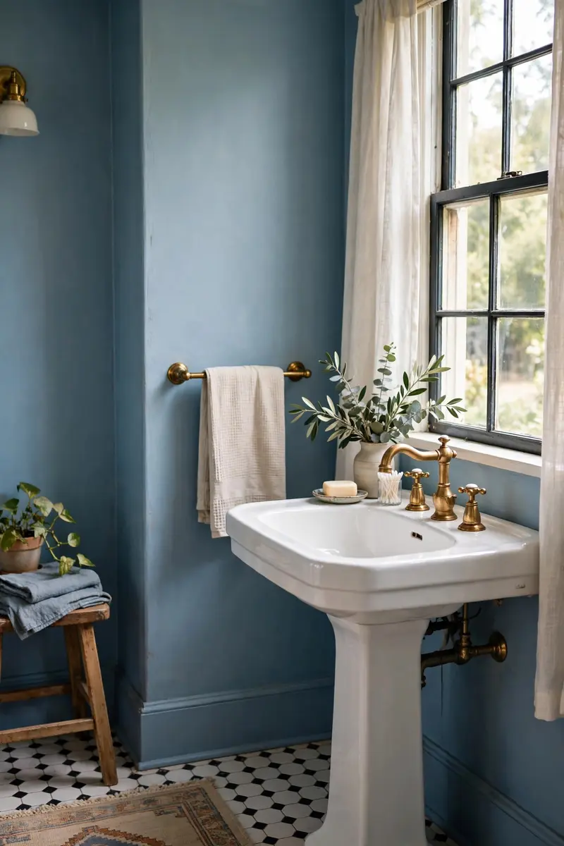 Powder-blue painted walls in a bathroom with white fixtures.