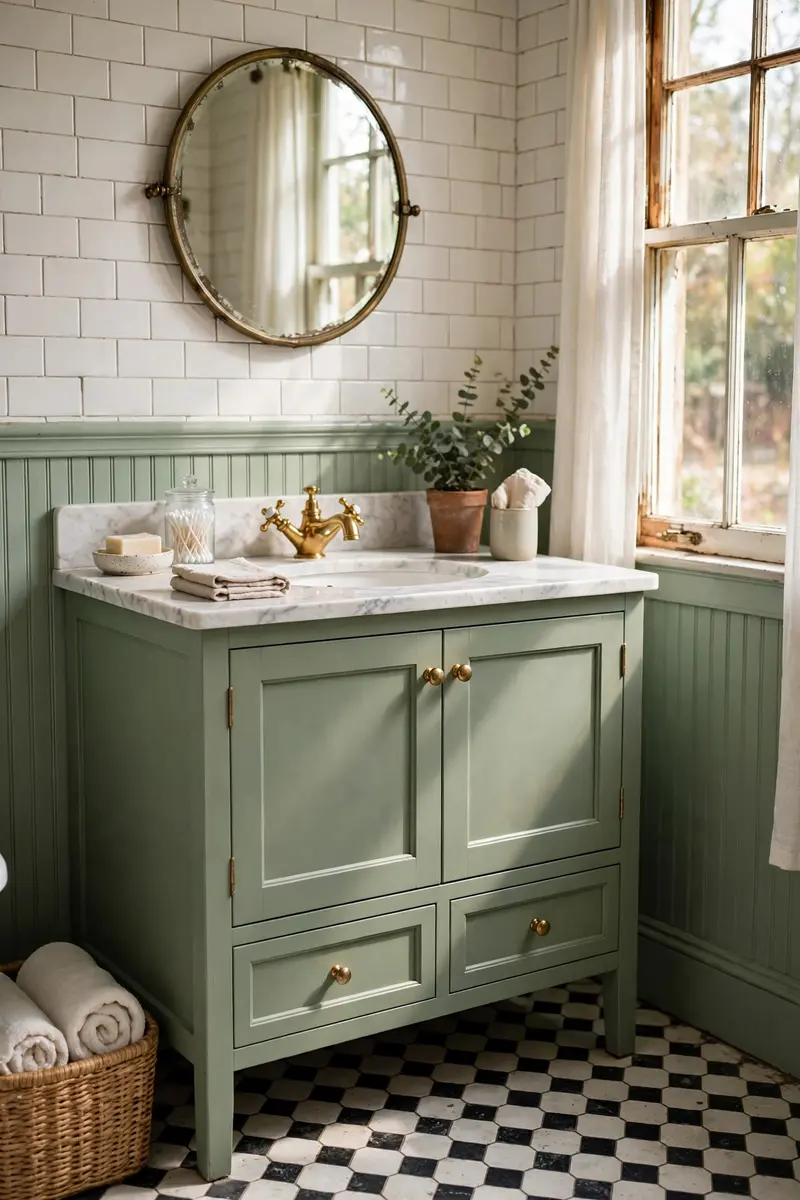Sage green bathroom cabinetry with brass knobs and a marble top.