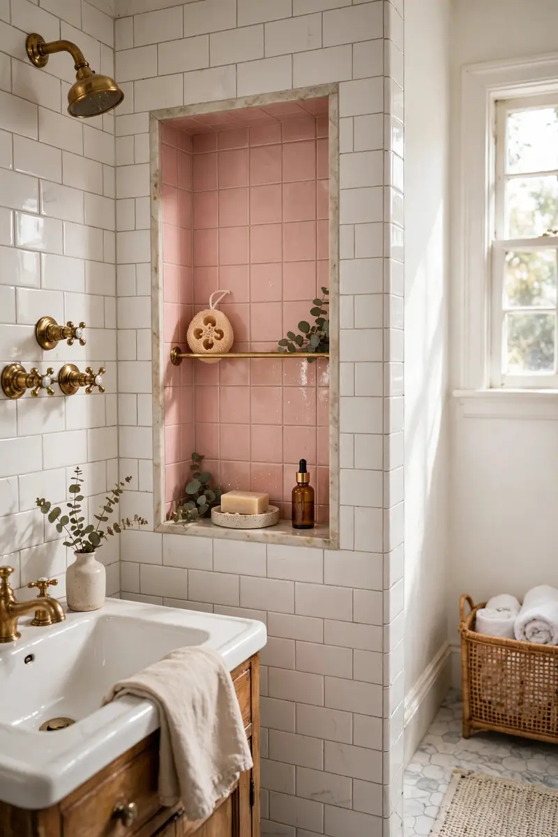 Blush pink tiles as an accent wall in a bathroom shower niche.