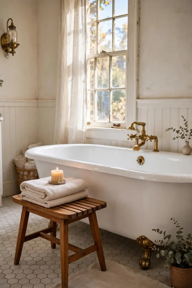 A wooden bath stool beside a freestanding bathtub.