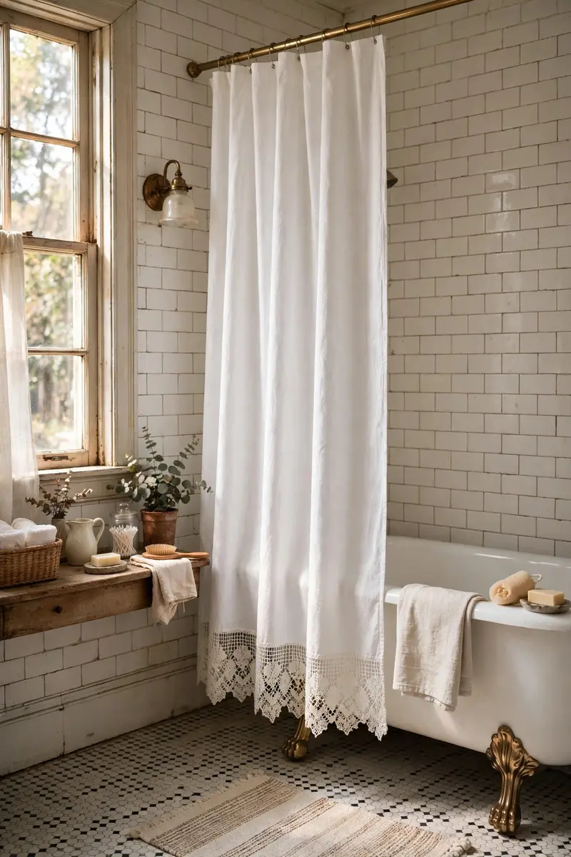 A white shower curtain with lace trim in a bathroom.