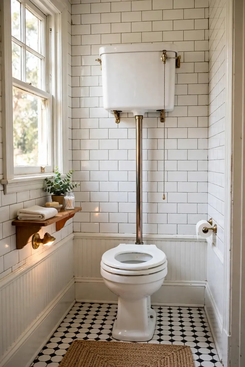 A high-tank pull-chain toilet in a vintage-style bathroom.