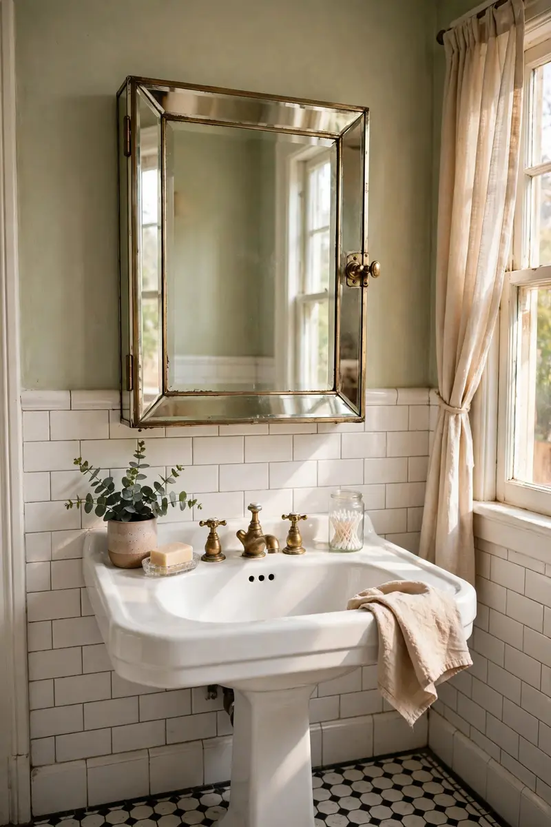 A mirrored medicine cabinet above a bathroom sink.