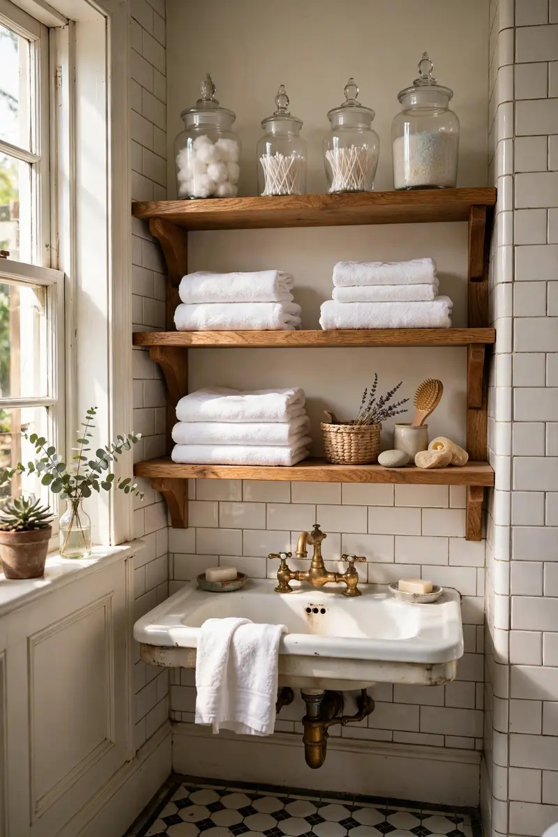 Open oak shelves with glass apothecary jars and folded towels in a bathroom.