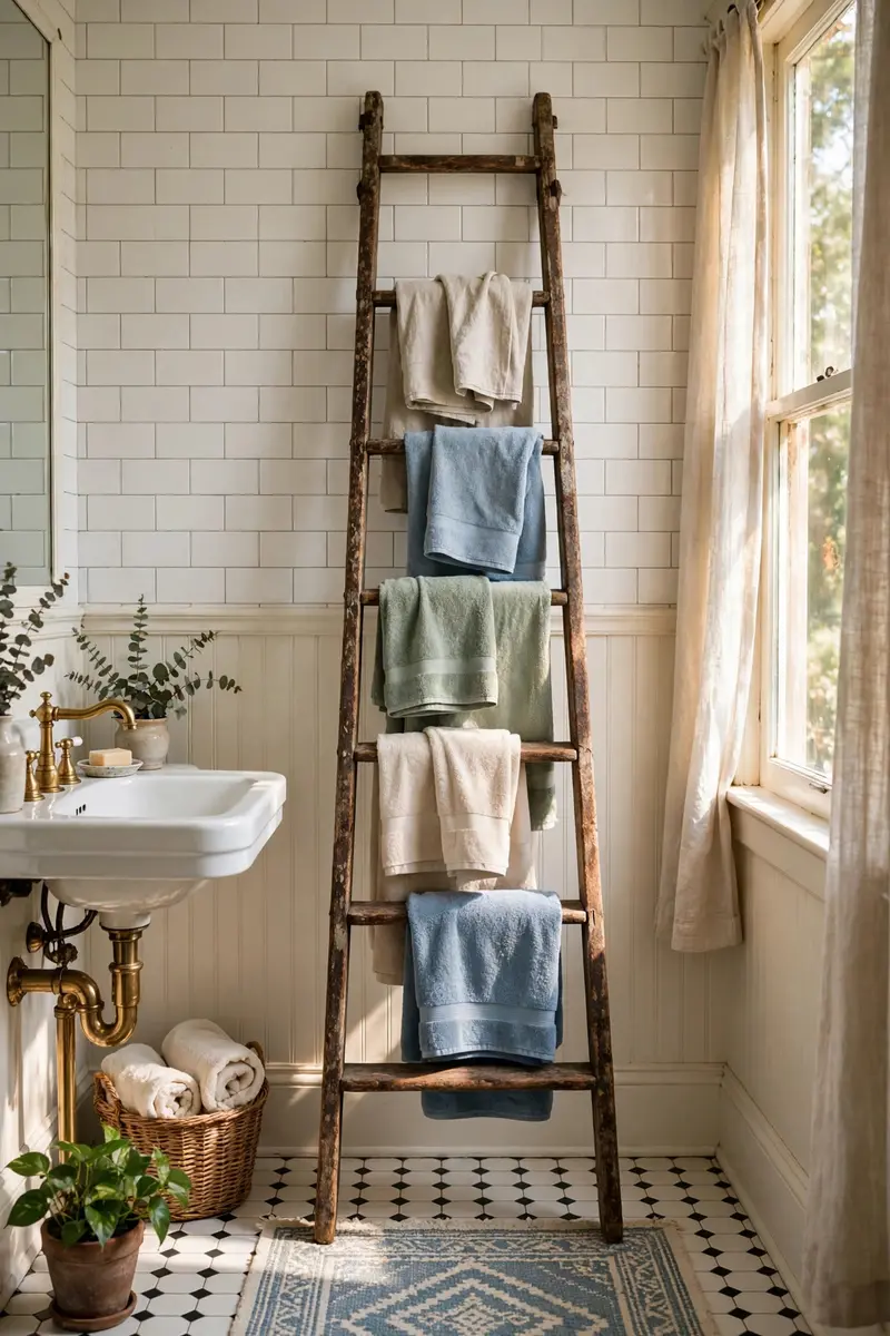 A wooden ladder used as a towel rack in a bathroom.