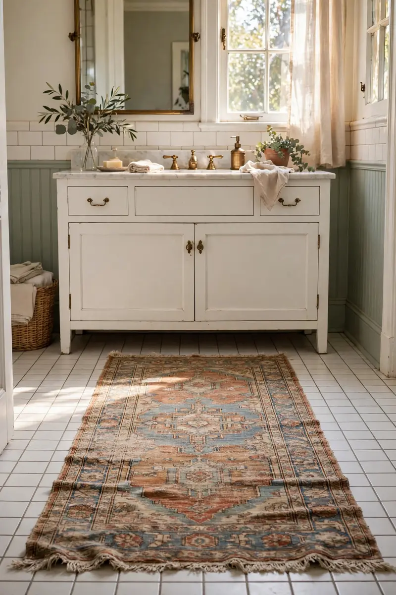 A vintage rug runner on a tiled bathroom floor.