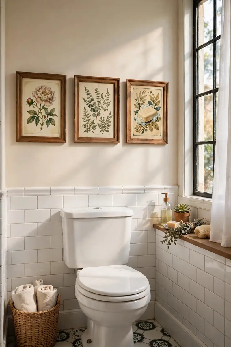 Framed vintage advertisements hanging on a bathroom wall.
