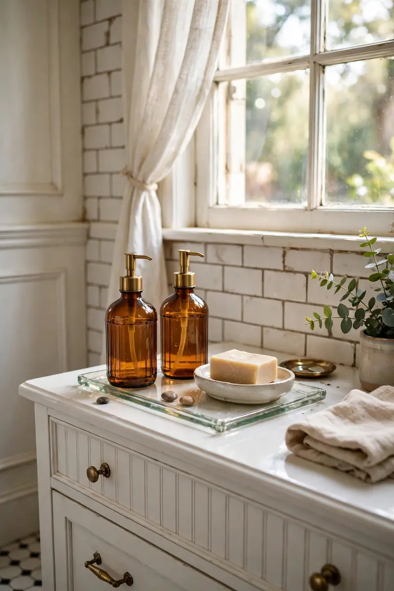 Amber glass soap dispensers on a bathroom vanity tray.