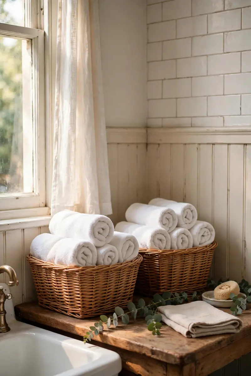 Wicker baskets holding rolled towels in a bathroom.
