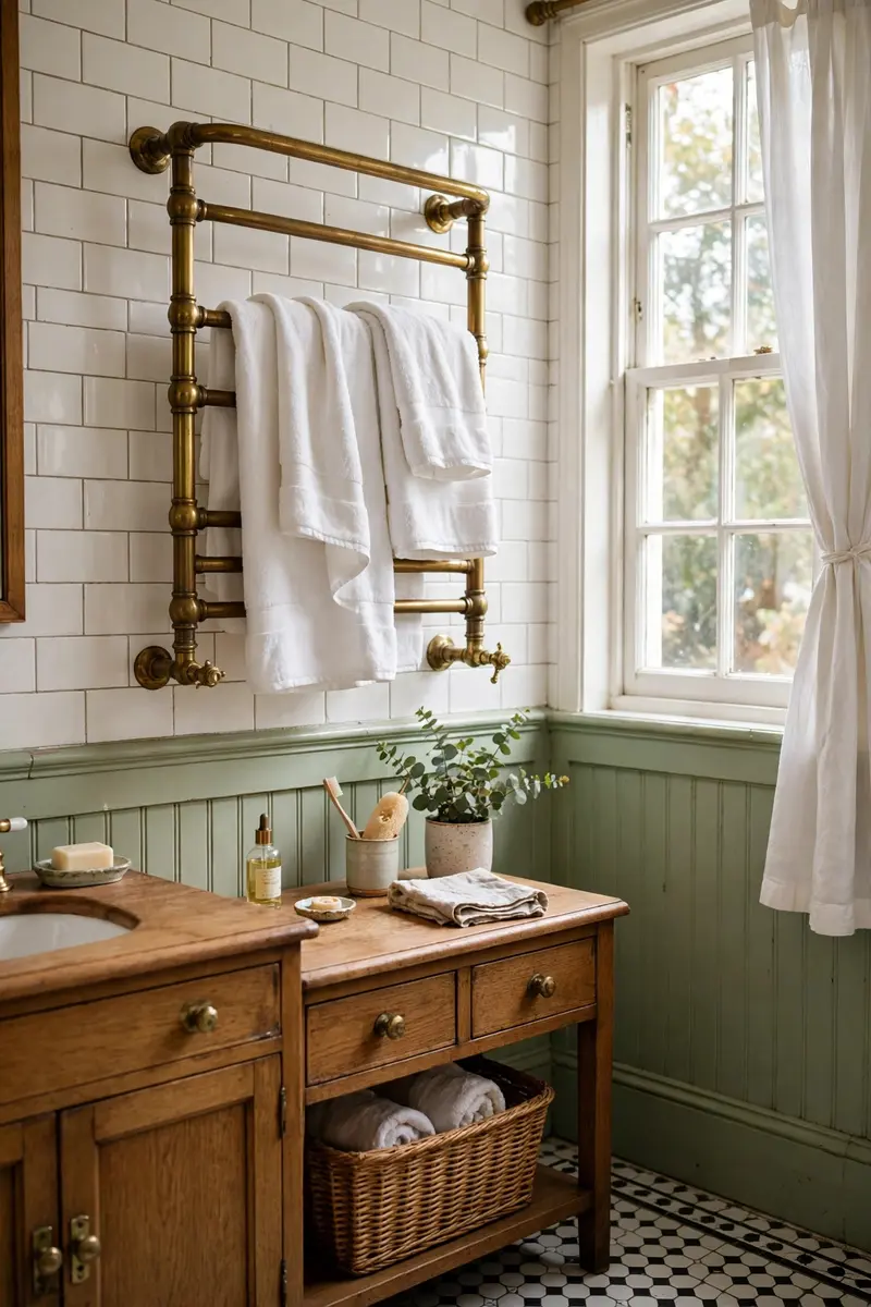 A traditional heated towel rail with warm towels in a bathroom.