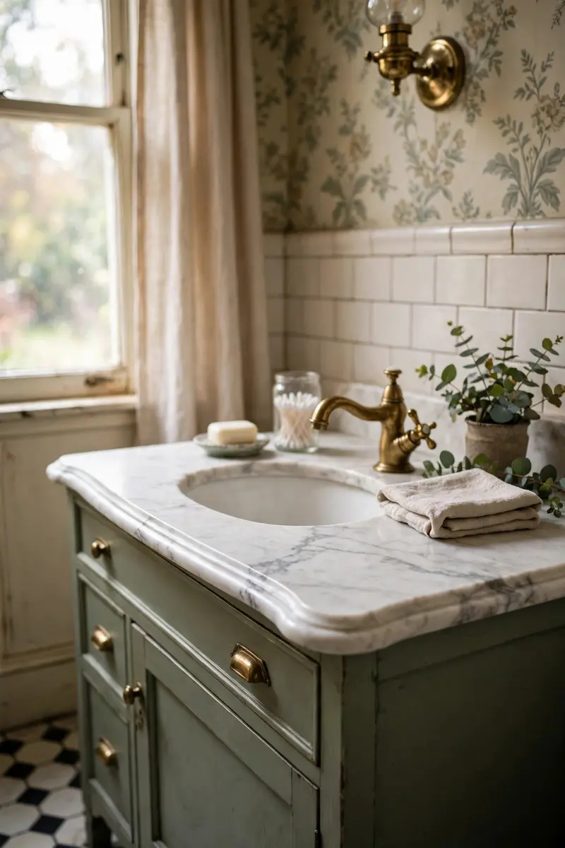 A white marble vanity top with an ogee edge and brass faucet.