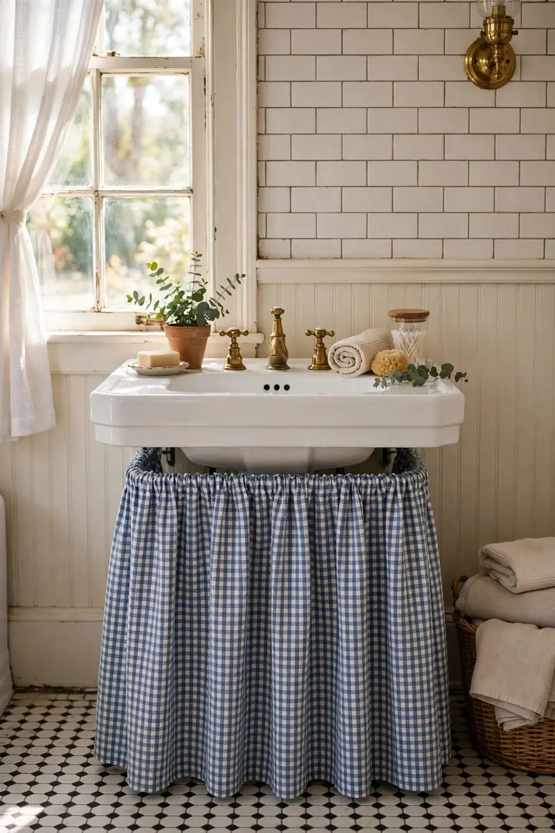 A gathered fabric curtain skirt under a bathroom sink.