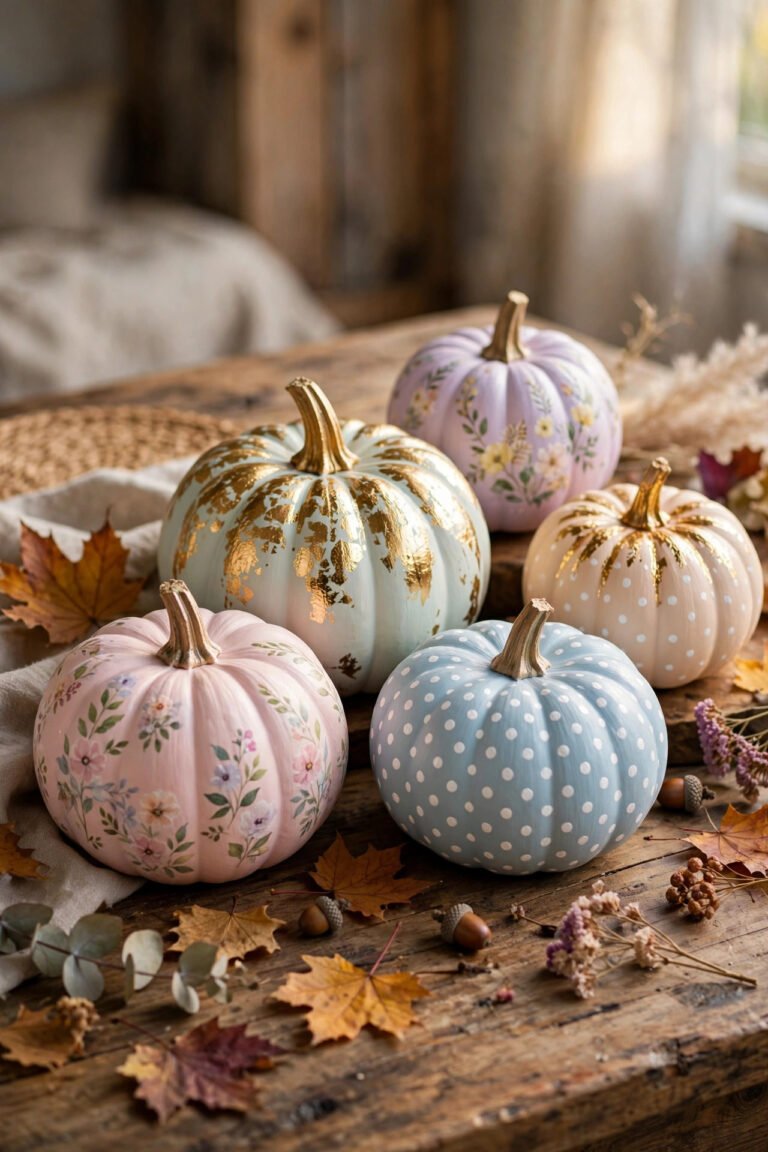 Painted pumpkins in cute and spooky designs for no-carve Halloween decor