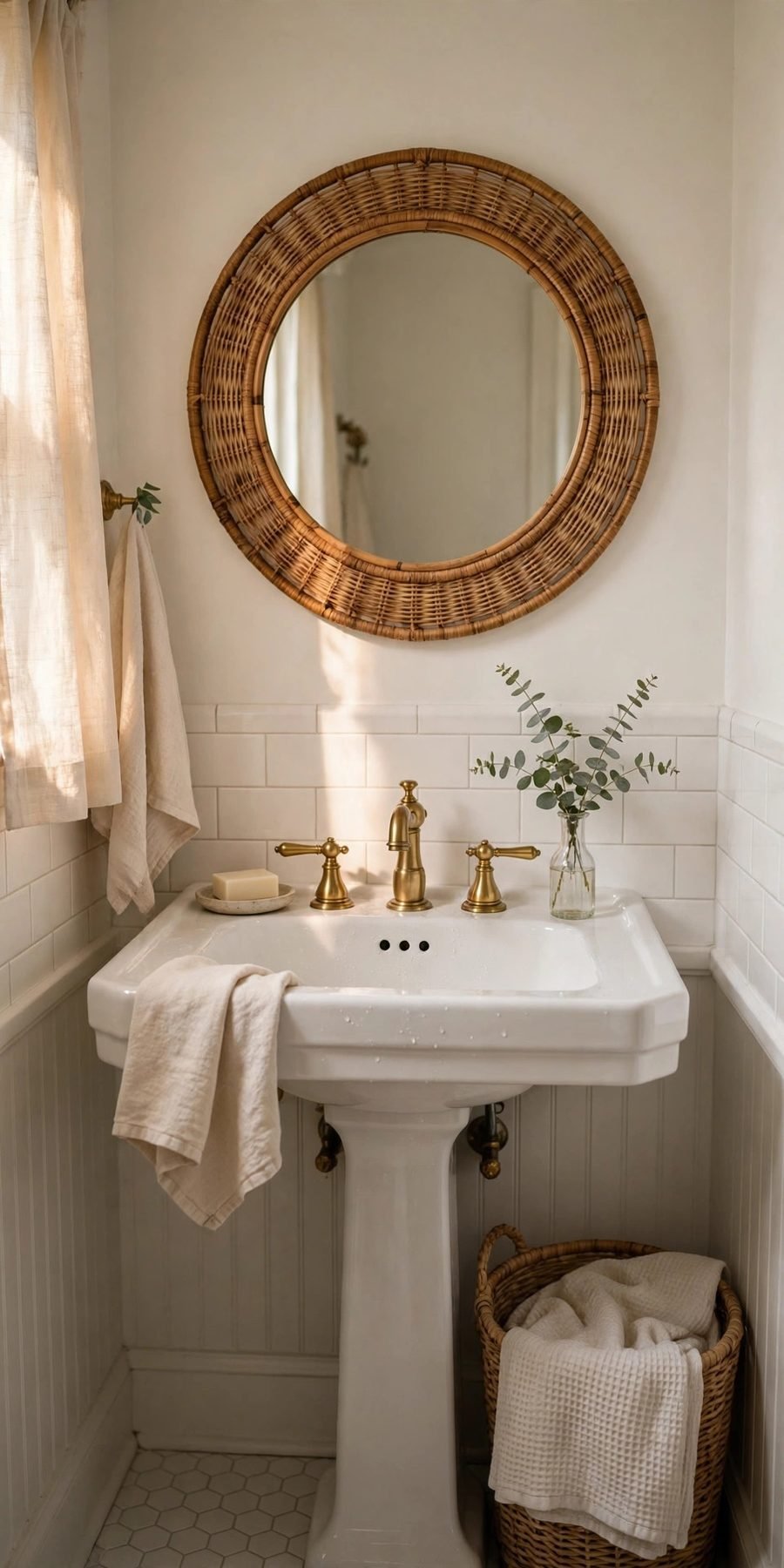 small bathroom decor ideas on a budget: thrifted round rattan mirror above a pedestal sink