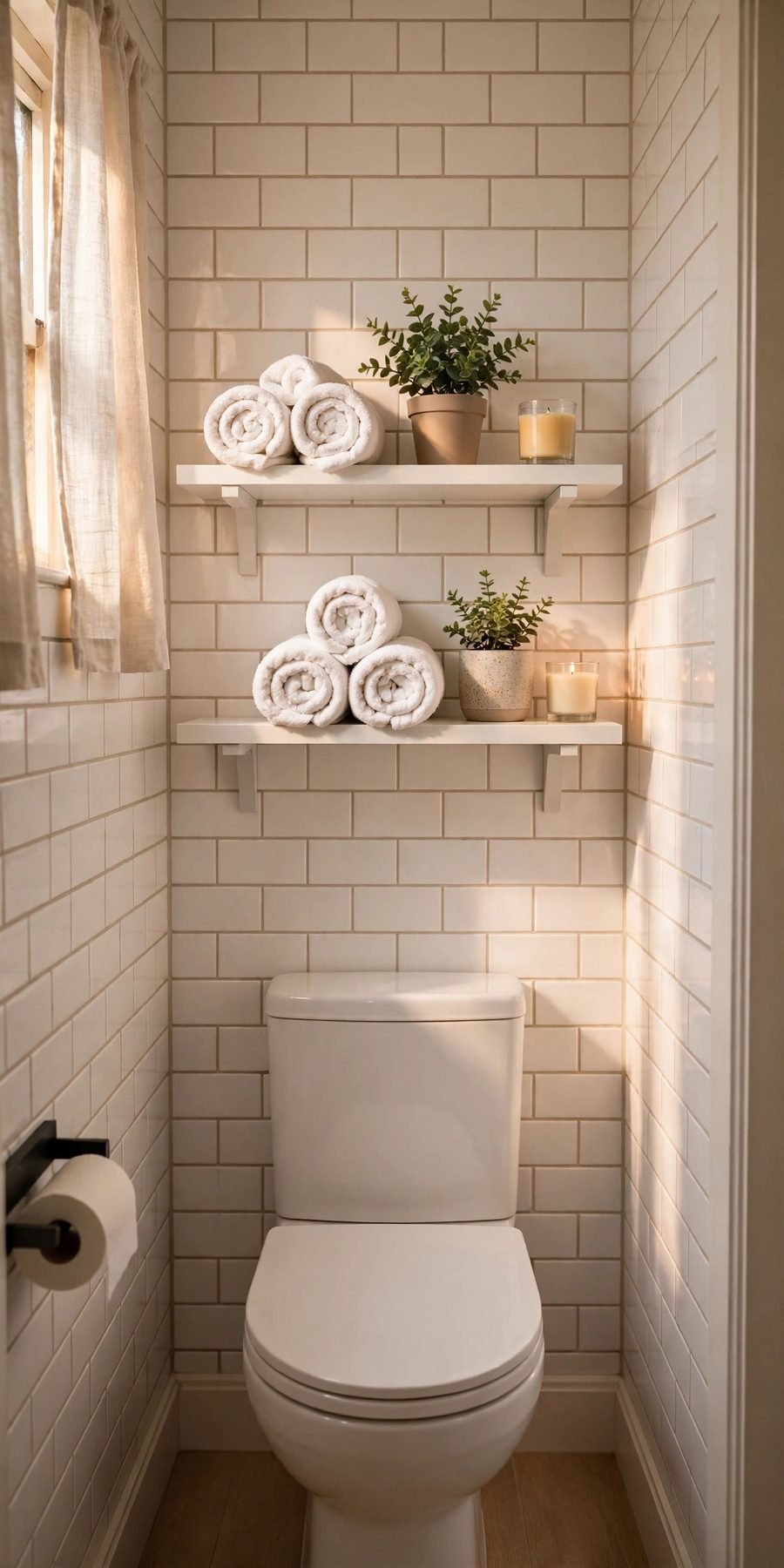 small bathroom decor ideas on a budget: floating shelves mounted over a toilet