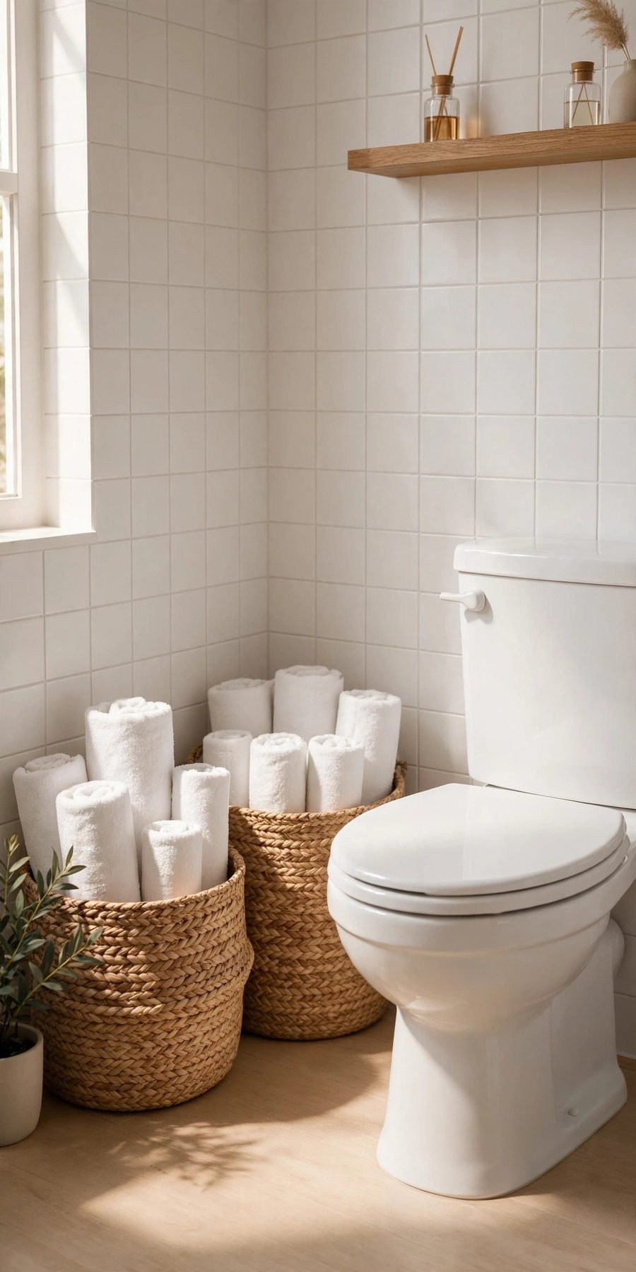 small bathroom decor ideas on a budget: rolled towels in woven seagrass baskets
