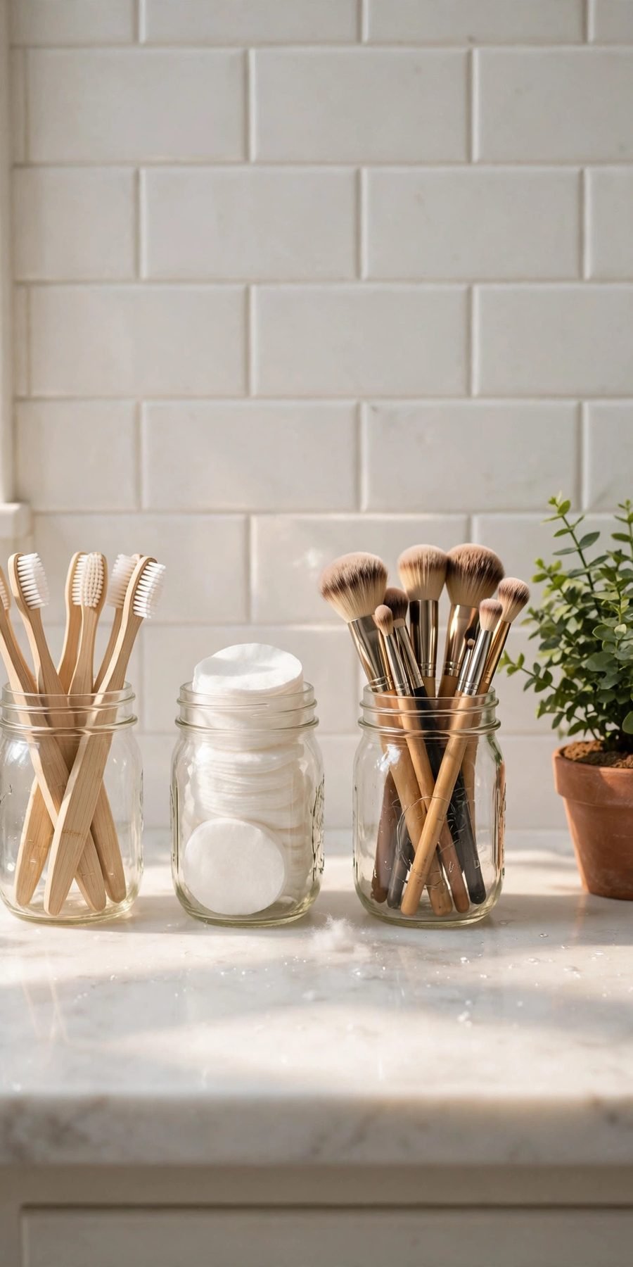 small bathroom decor ideas on a budget: mason jars holding toothbrushes and cotton pads