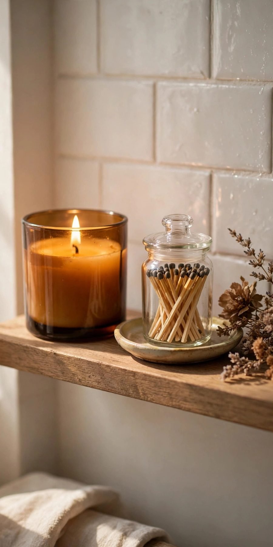 small bathroom decor ideas on a budget: candle and match jar vignette on a shelf