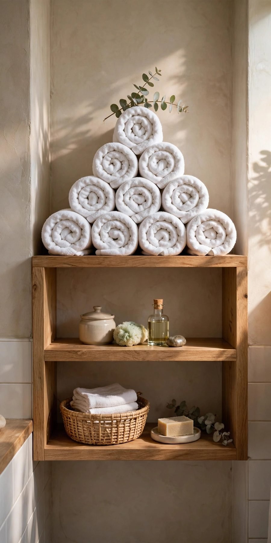small bathroom decor ideas on a budget: hotel-style rolled towels on an open shelf