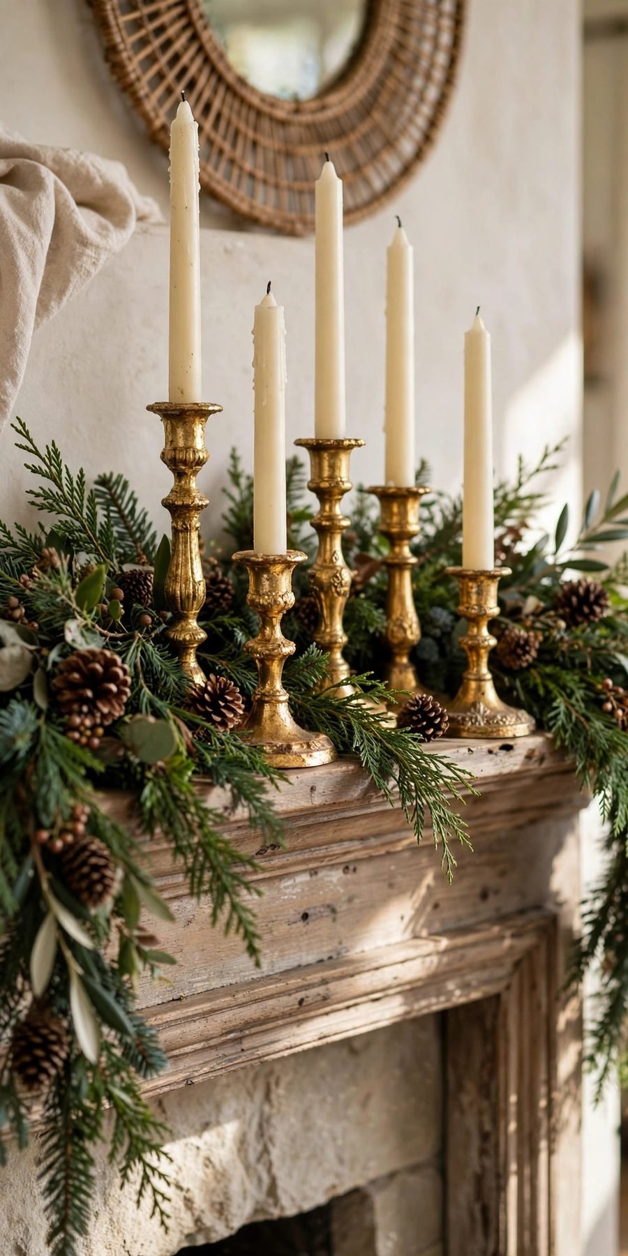 thrift store christmas decor flips: gold-leaf brass candlesticks with ivory candles on a Christmas mantel