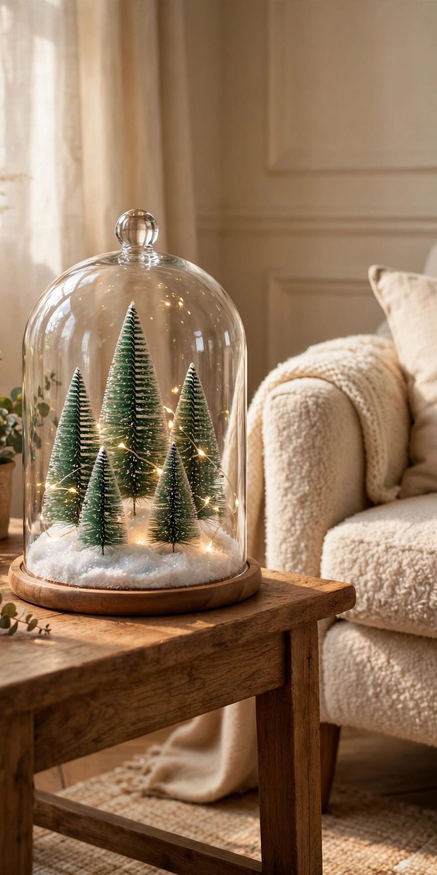 thrift store christmas decor flips: glass cloche displaying miniature Christmas trees and faux snow