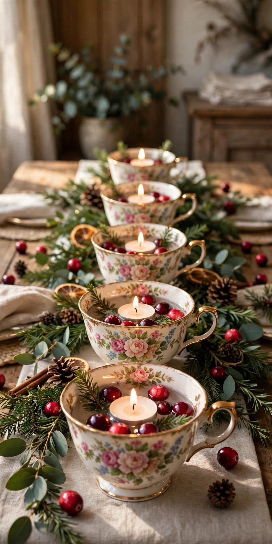 thrift store christmas decor flips: vintage teacups with floating candles and cranberries