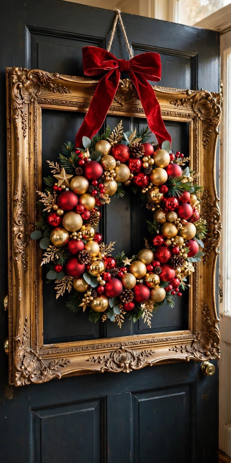 thrift store christmas decor flips: ornate picture frame filled with Christmas ornaments as a wreath