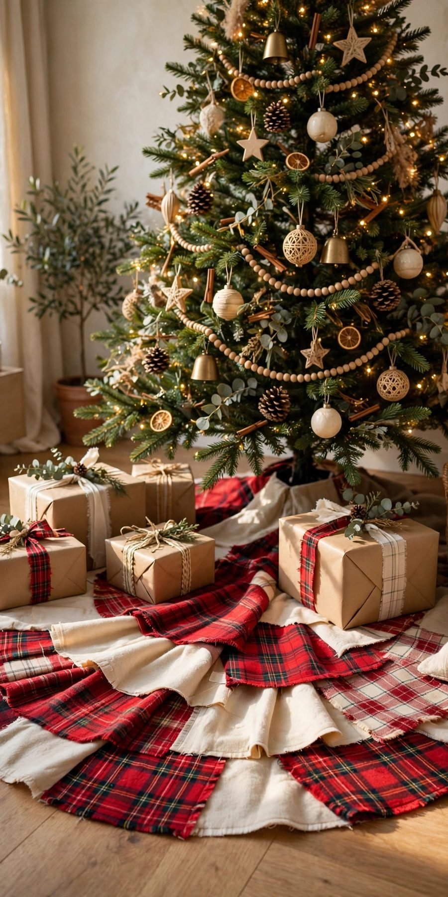 thrift store christmas decor flips: layered flannel Christmas tree skirt under a decorated tree
