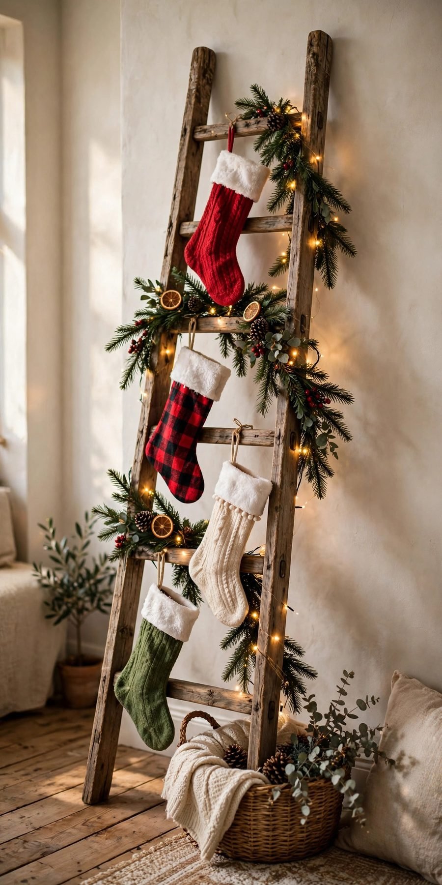 thrift store christmas decor flips: wooden ladder decorated with stockings and garland