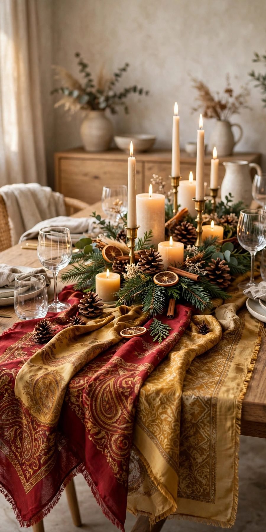 thrift store christmas decor flips: silk scarf table runner with Christmas centerpiece