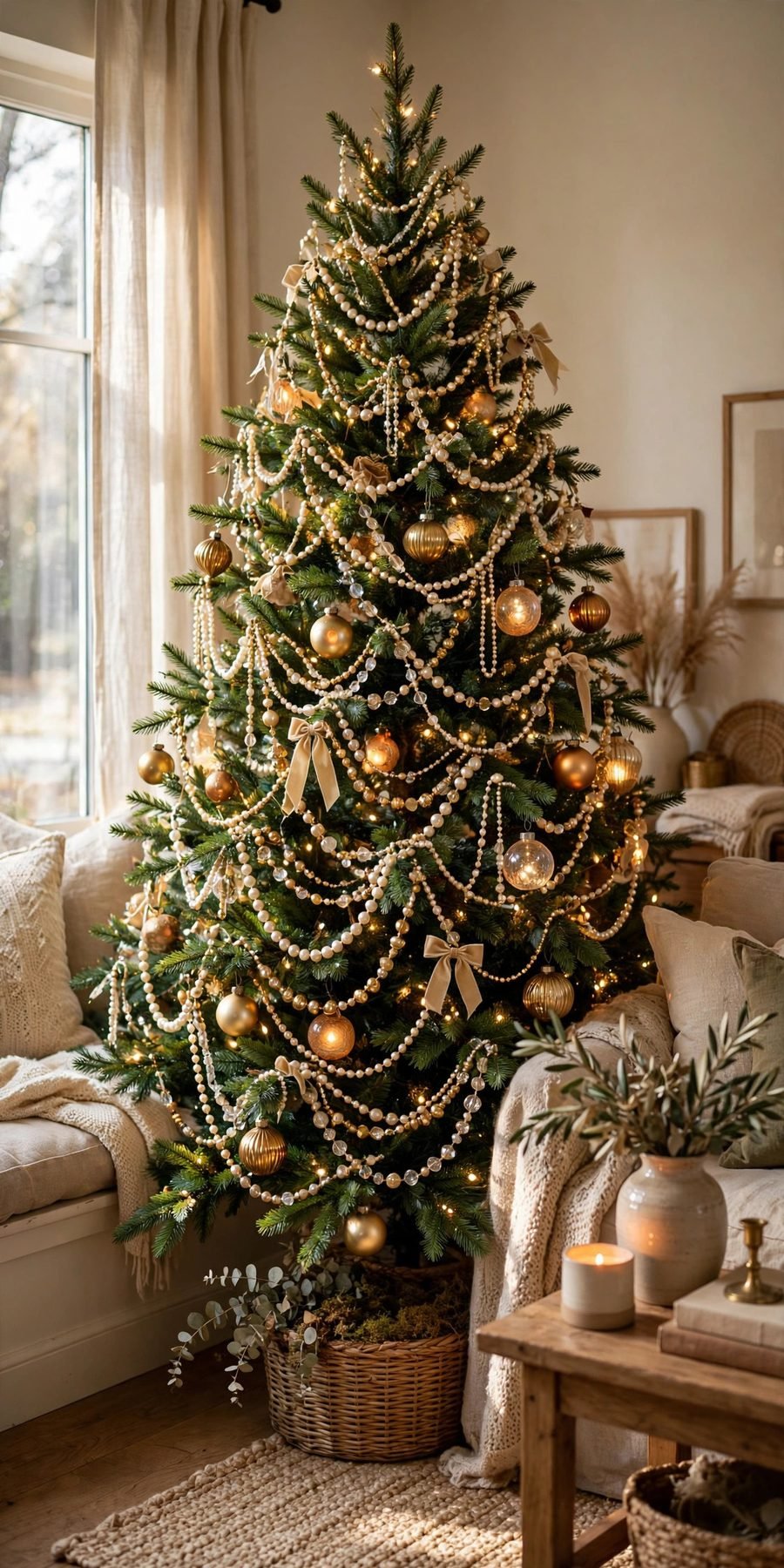 thrift store christmas decor flips: Christmas tree draped with thrifted beaded necklace garland