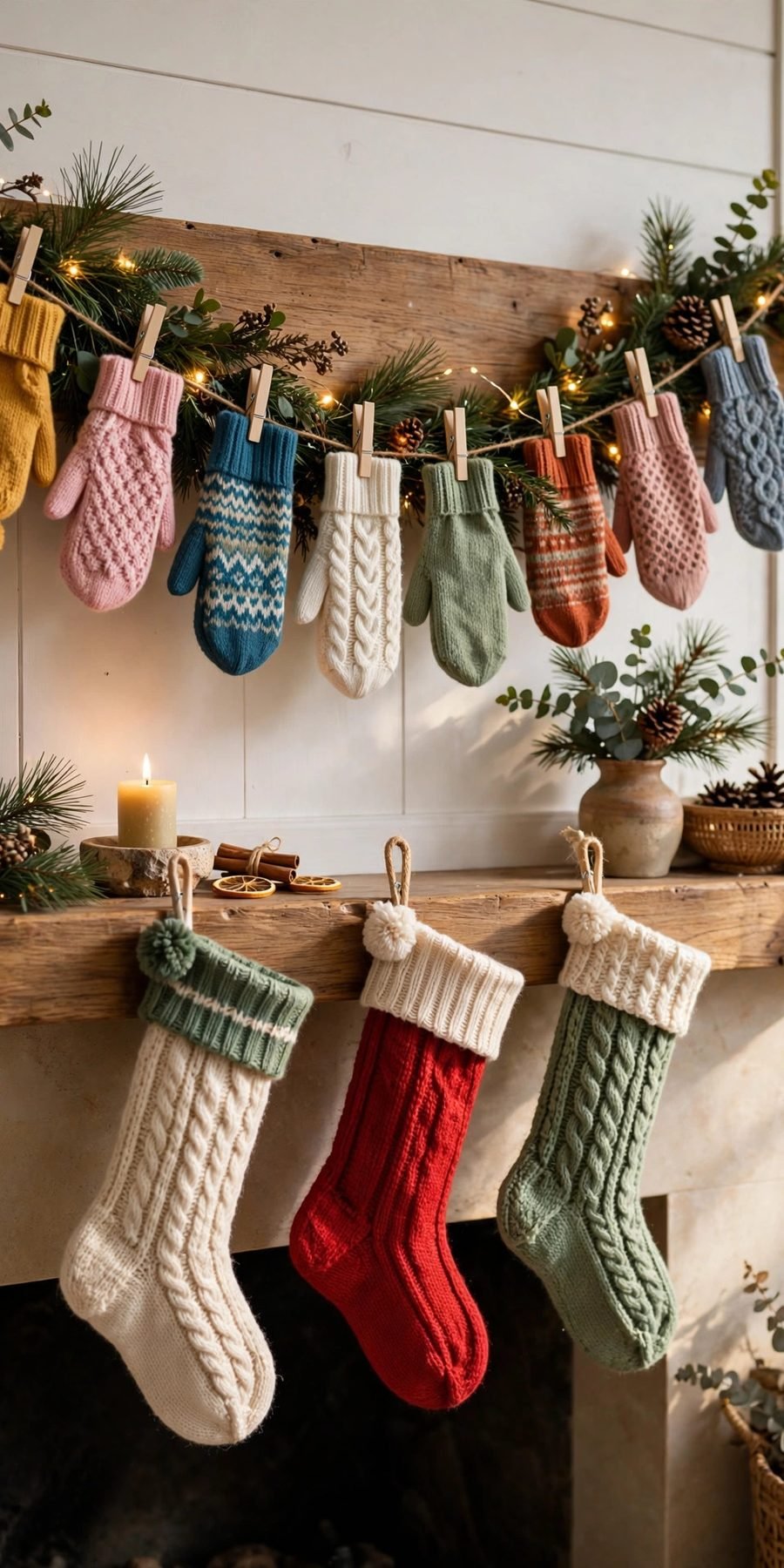 thrift store christmas decor flips: knit mitten garland strung across a Christmas mantel