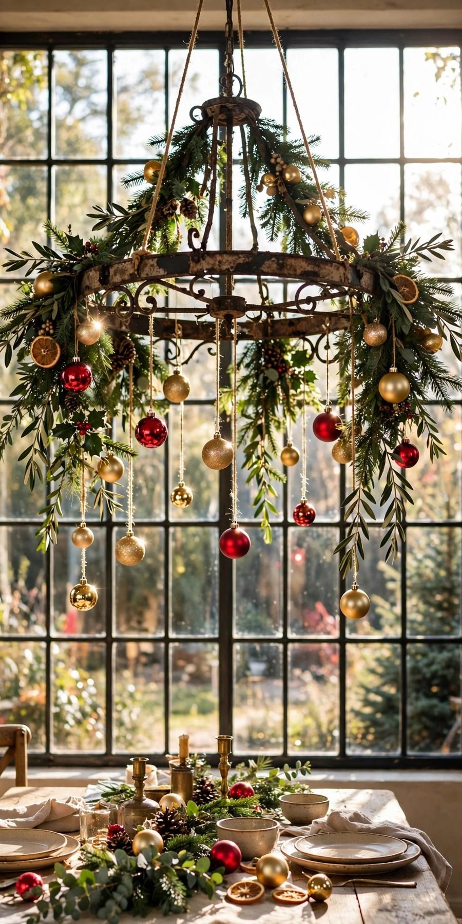 thrift store christmas decor flips: old chandelier frame hung with Christmas ornaments and greenery