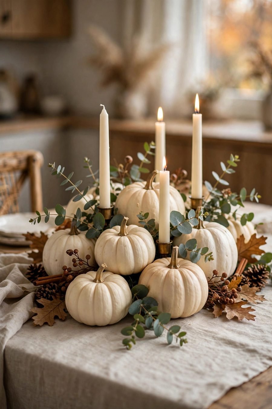 Thanksgiving table decor ideas: white pumpkin centerpiece cluster with eucalyptus