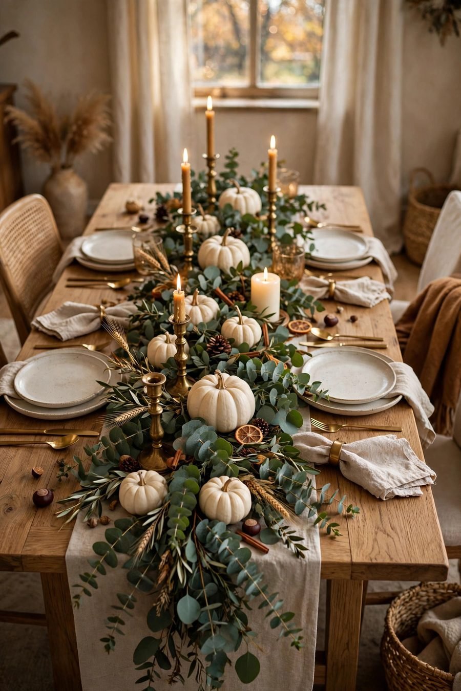 Thanksgiving table decor ideas: eucalyptus garland runner with pumpkins