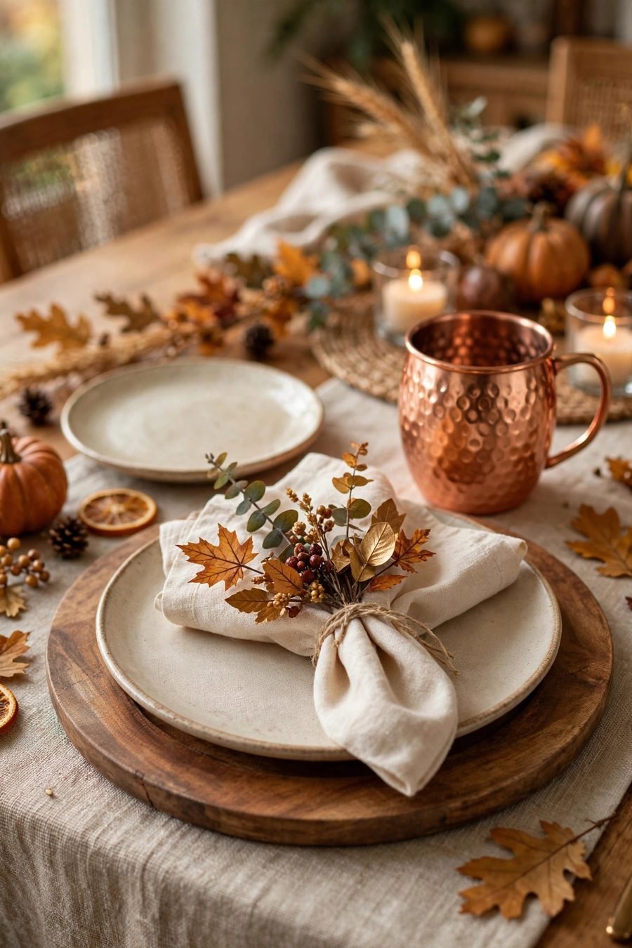 Thanksgiving table decor ideas: copper mugs at place settings