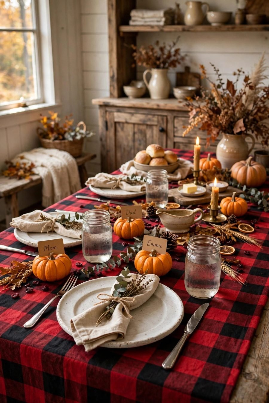 Thanksgiving table decor ideas: buffalo plaid tablecloth farmhouse table