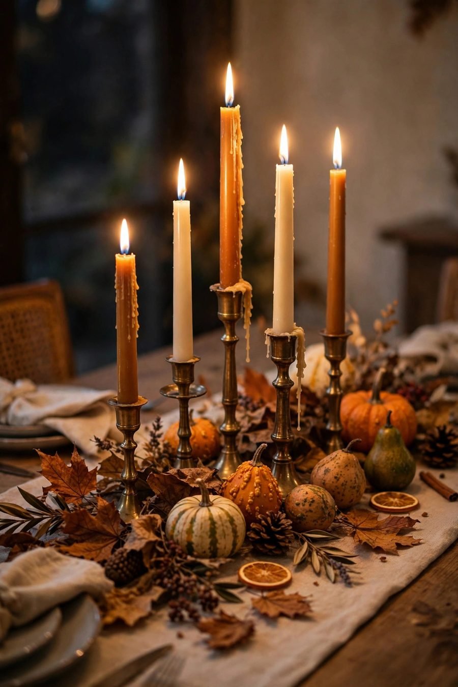 Thanksgiving table decor ideas: candlelit taper candles in brass holders