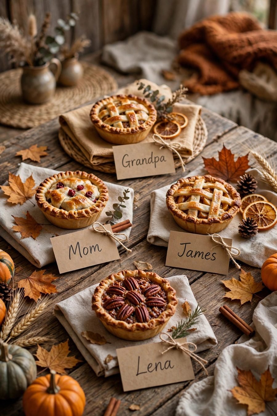 Thanksgiving table decor ideas: mini pies as place cards