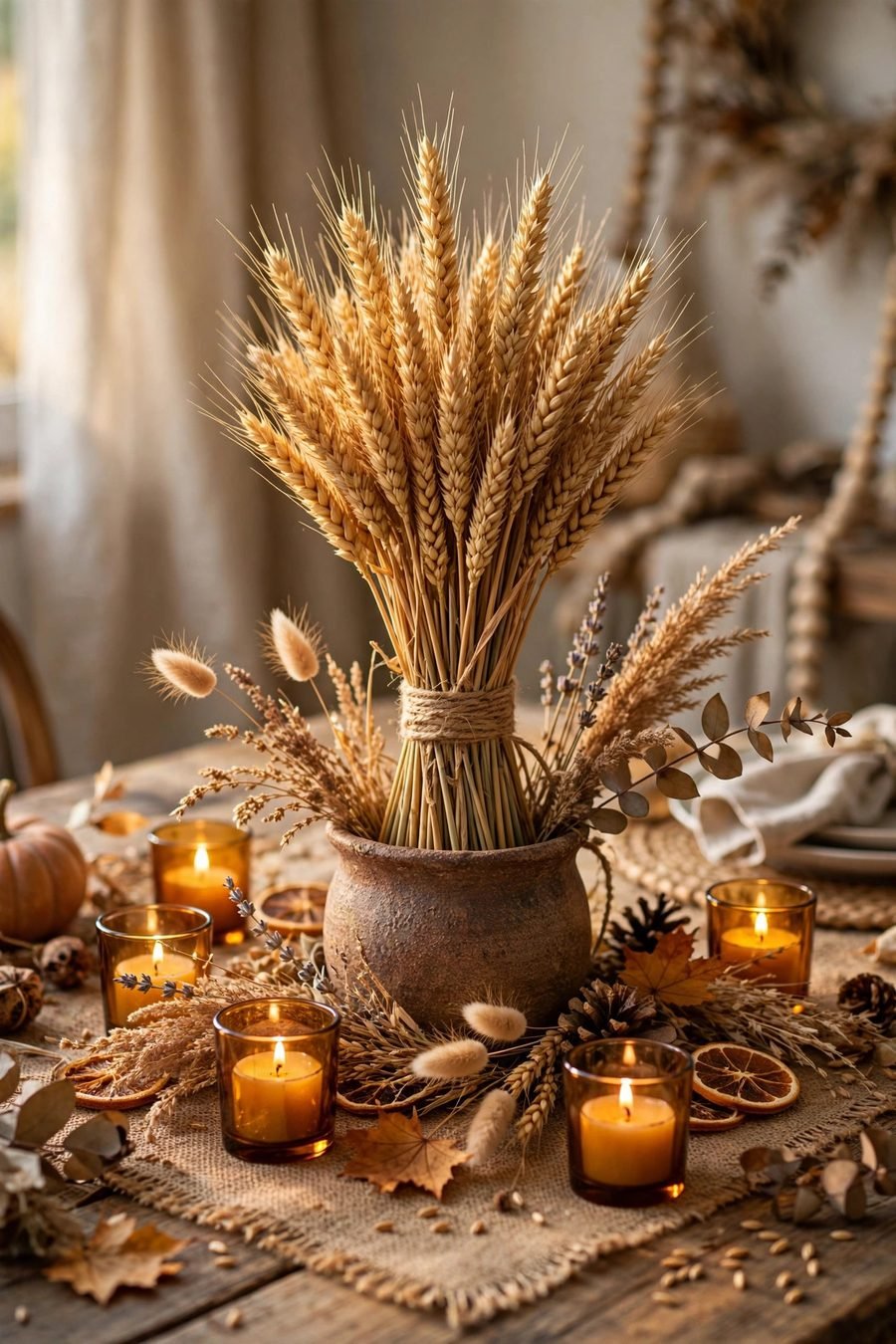 Thanksgiving table decor ideas: wheat sheaf centerpiece in rustic vase