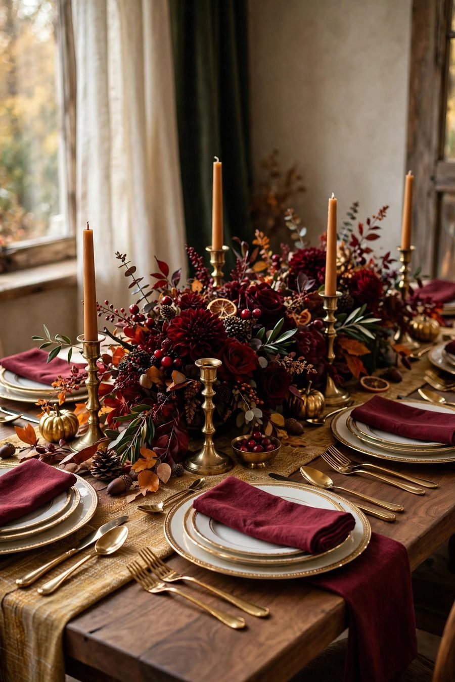 Thanksgiving table decor ideas: burgundy and gold elegant table setting