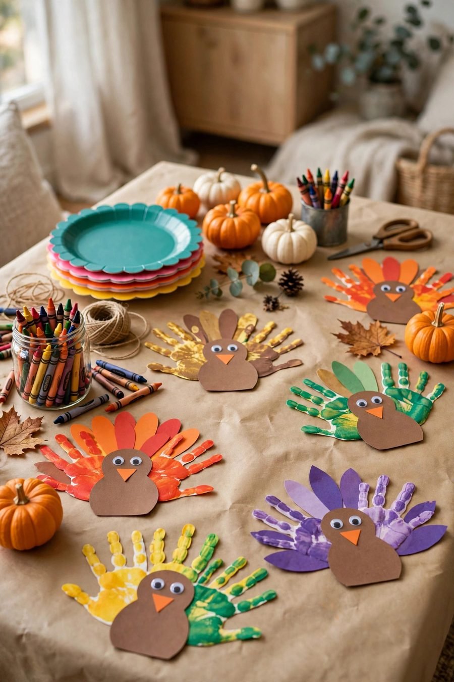 Thanksgiving table decor ideas: kids craft table with kraft paper