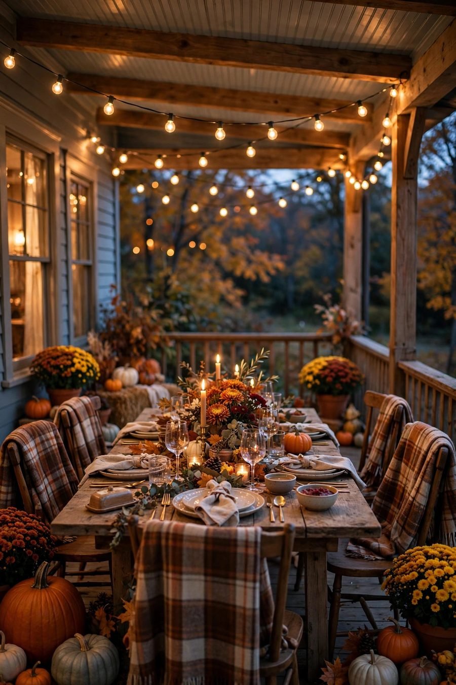 Thanksgiving table decor ideas: outdoor porch table with string lights