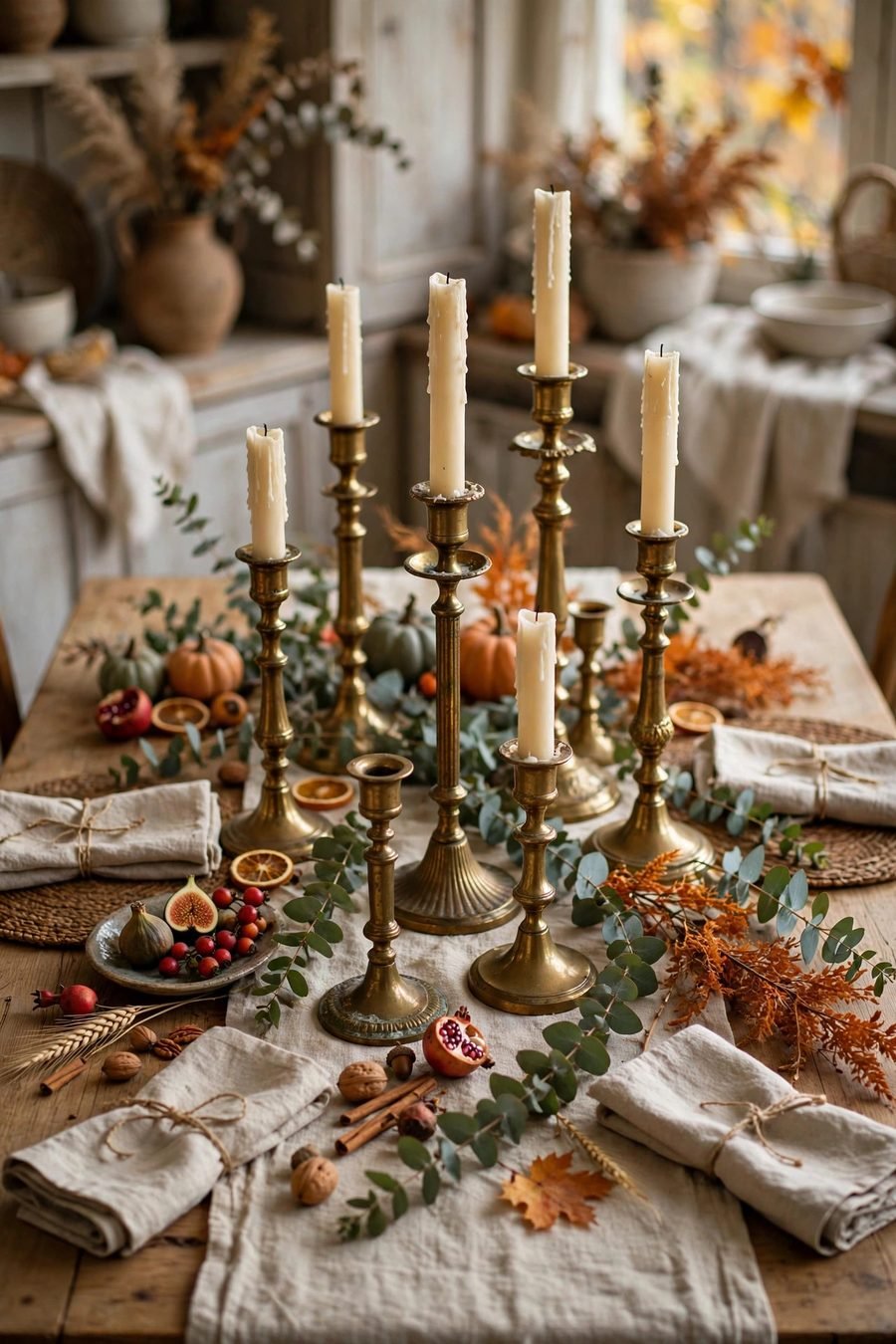 Thanksgiving table decor ideas: vintage brass candlesticks collection