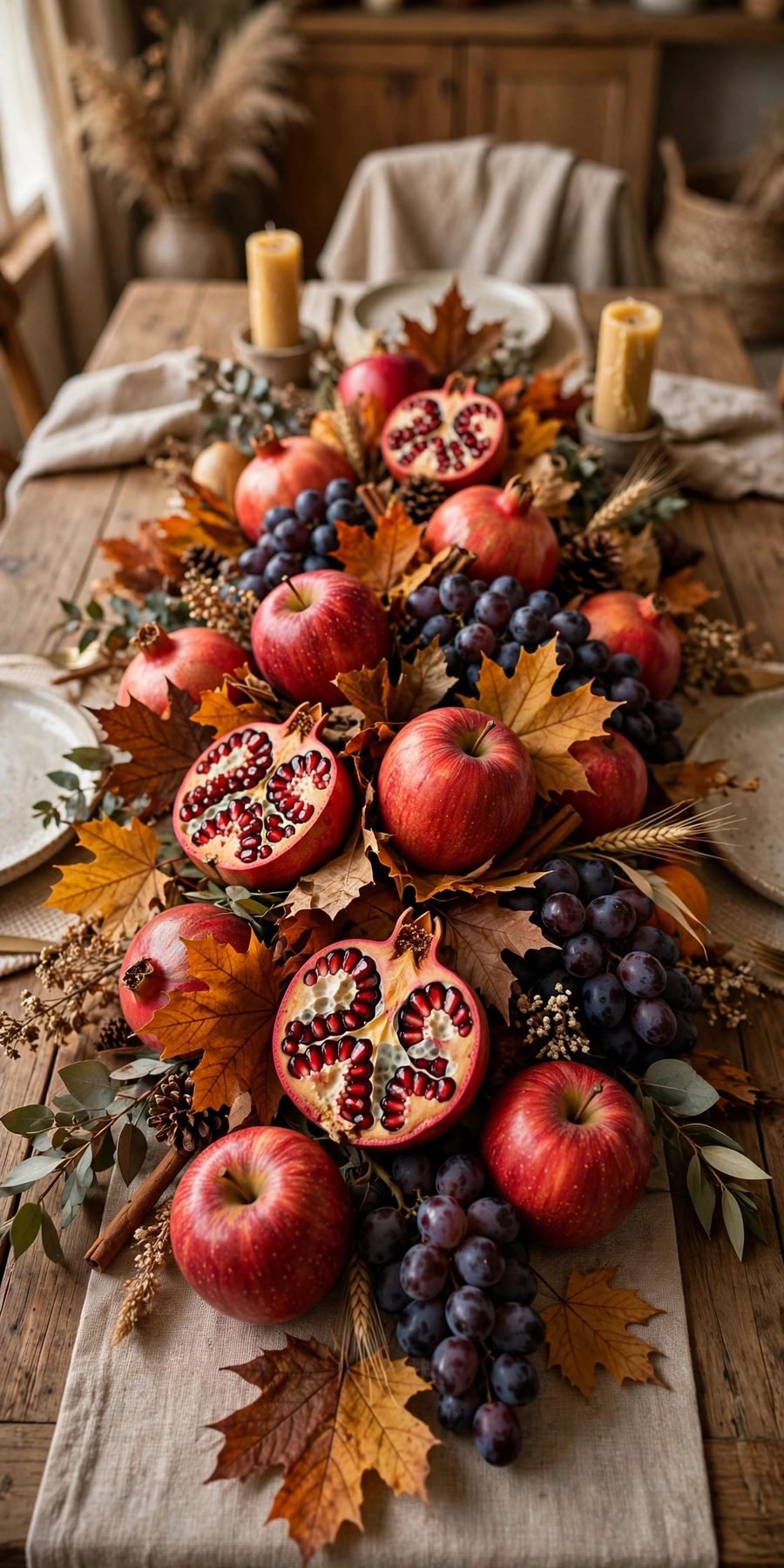 Thanksgiving table decor ideas: apple and pomegranate centerpiece