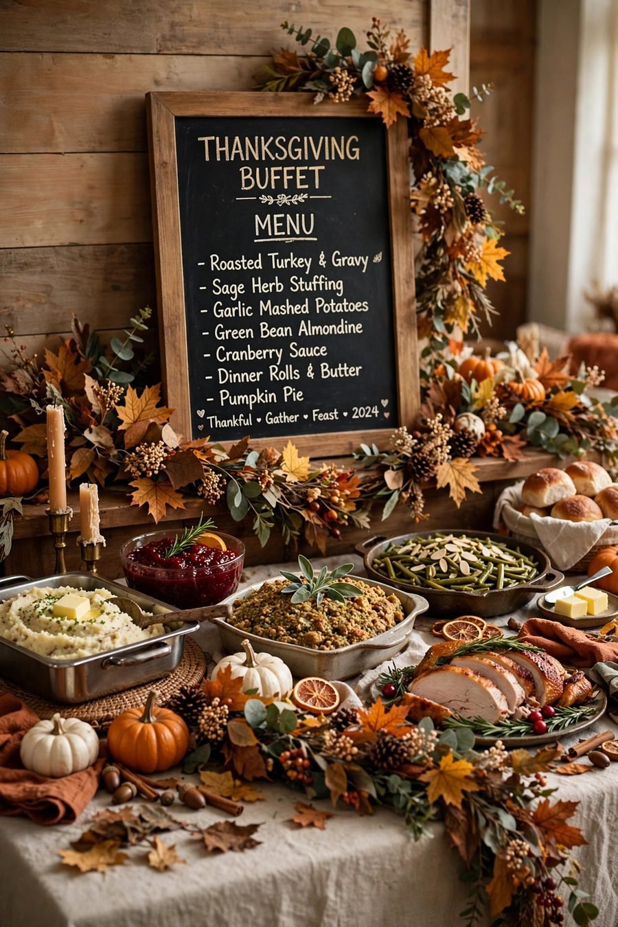 Thanksgiving table decor ideas: chalkboard menu display on buffet table