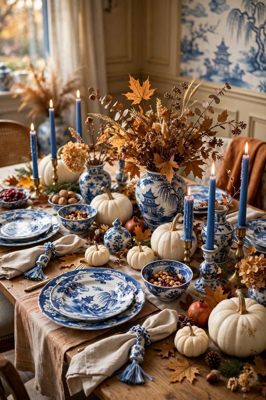 Thanksgiving table decor ideas: blue and white chinoiserie table