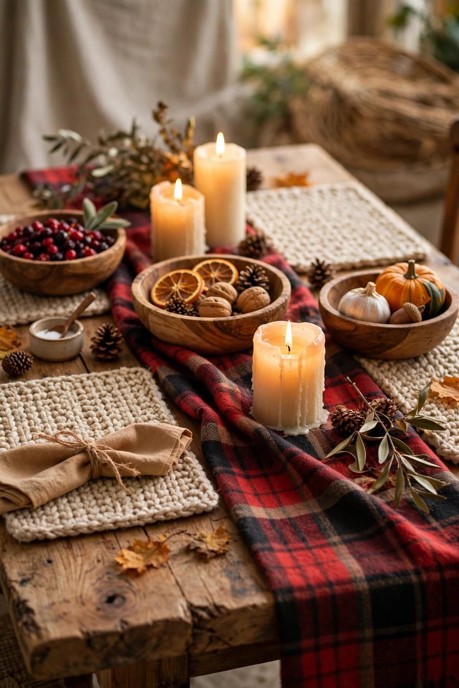 Thanksgiving table decor ideas: cozy flannel runner on wood table