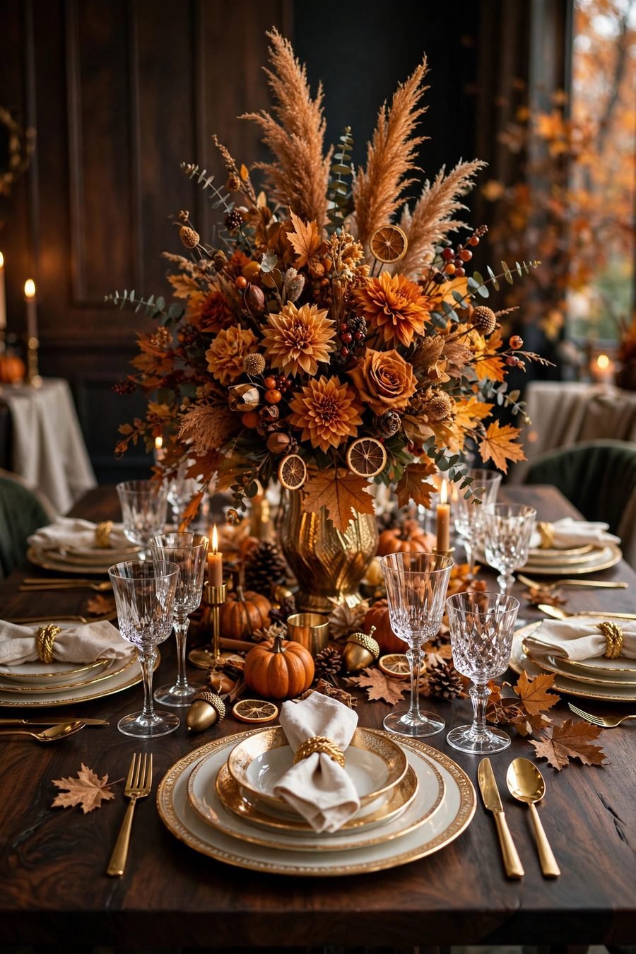 Thanksgiving table decor ideas: gold flatware luxury table setting