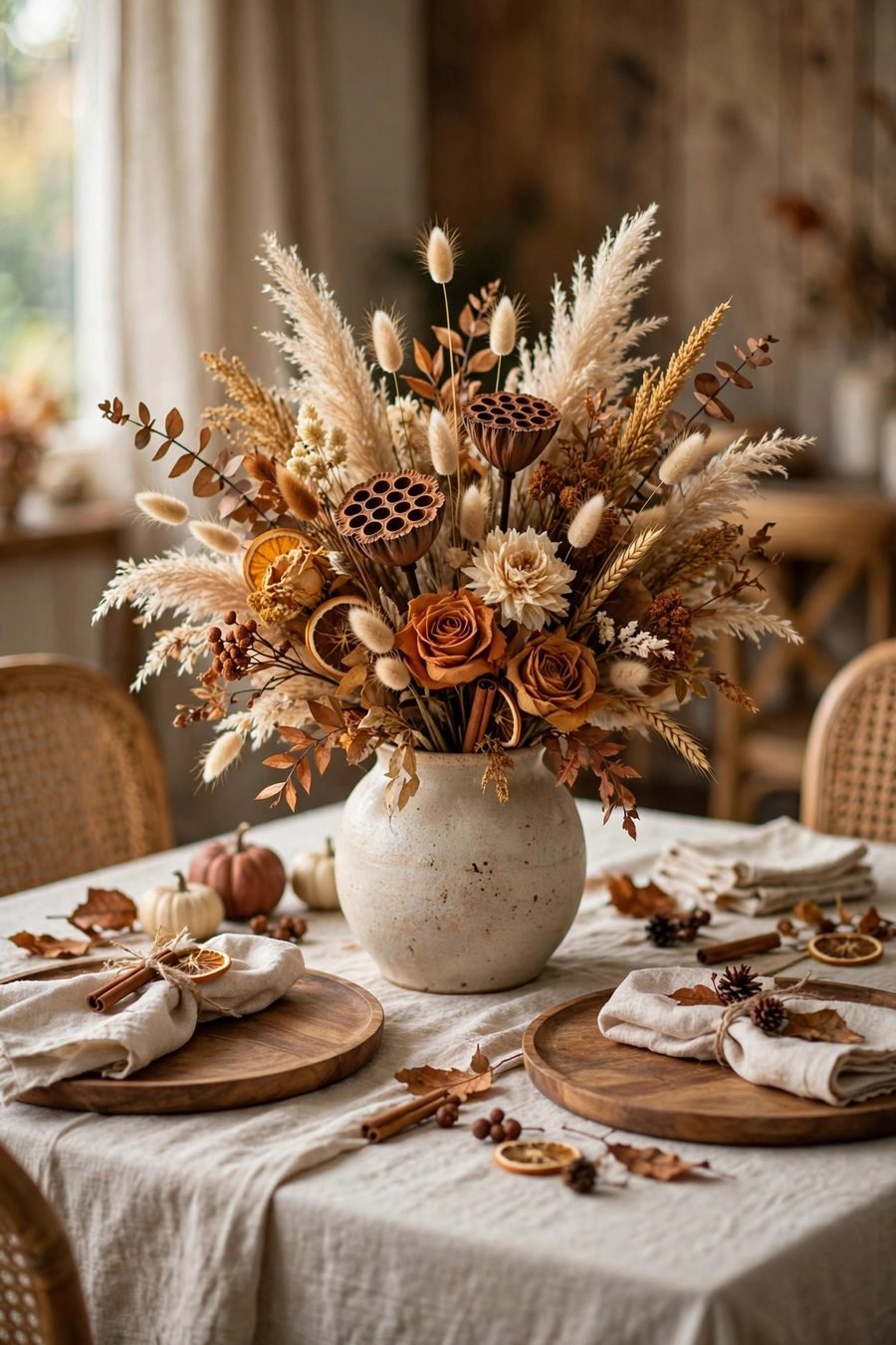 Thanksgiving table decor ideas: dried flower arrangement centerpiece